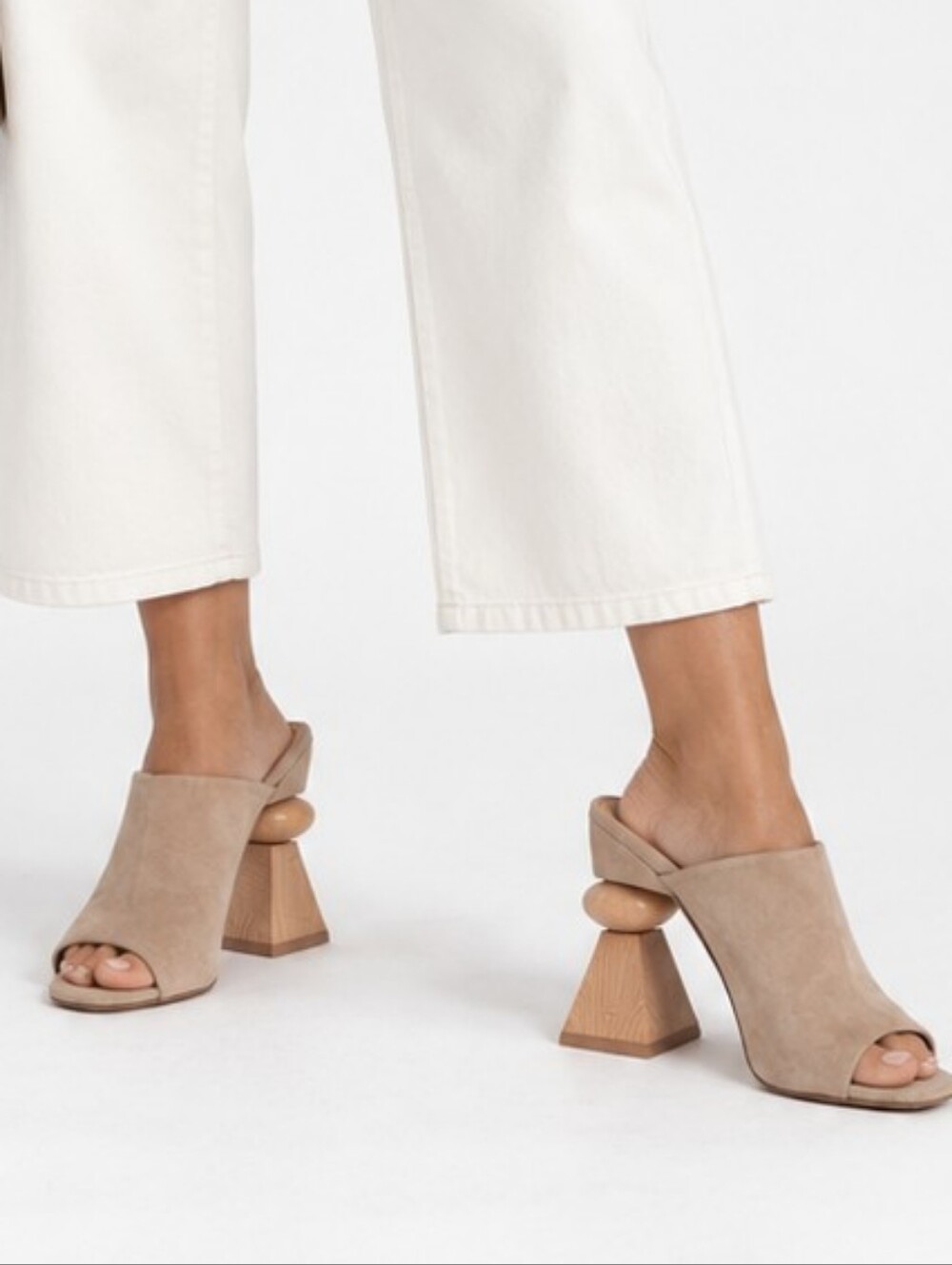 Paloma Barcelo Suede Mules 36 Beige Sculptural Wood Heel Peep Toe Spain